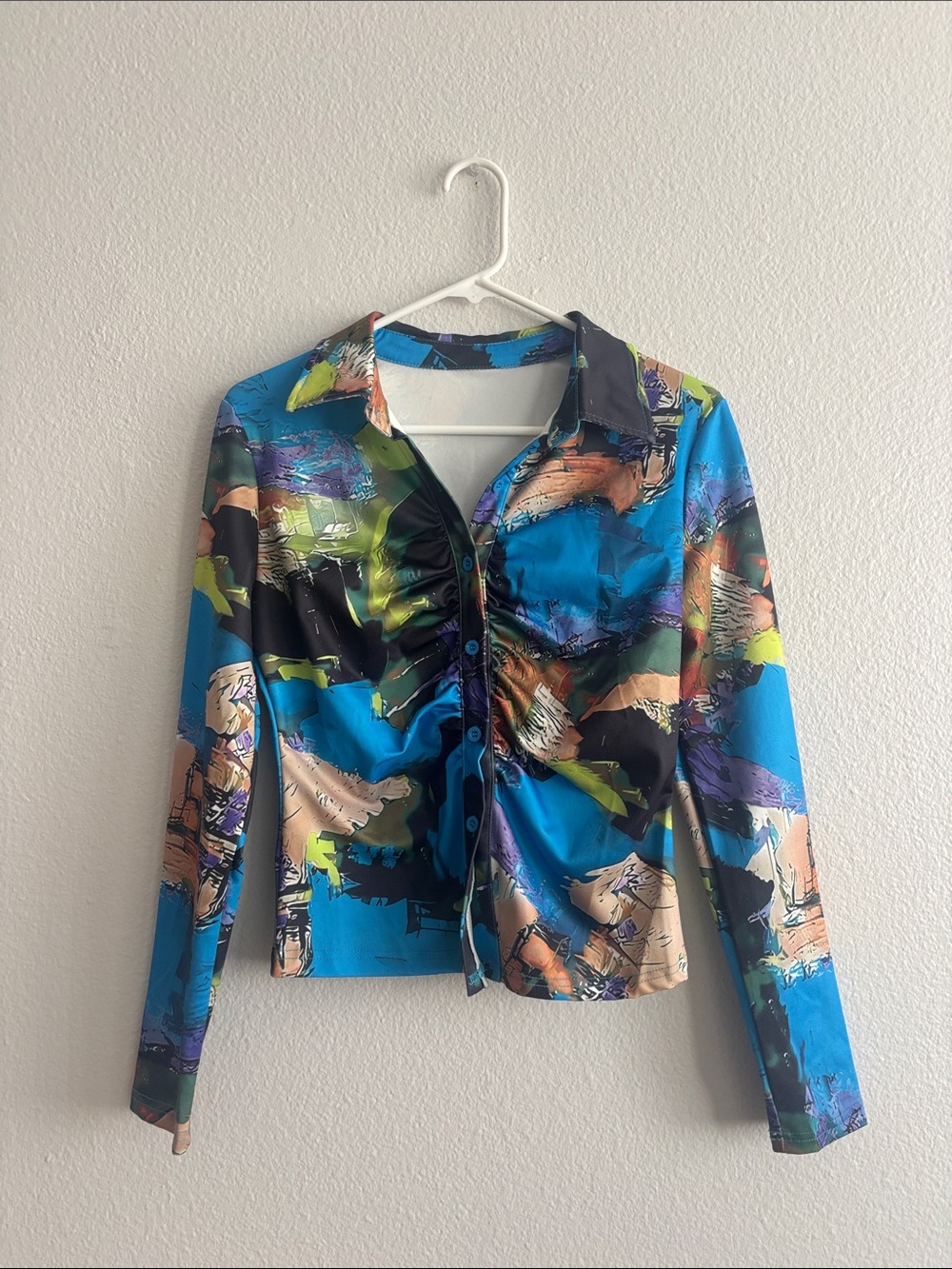Blue Abstract Print Long-Sleeve Button Front Top